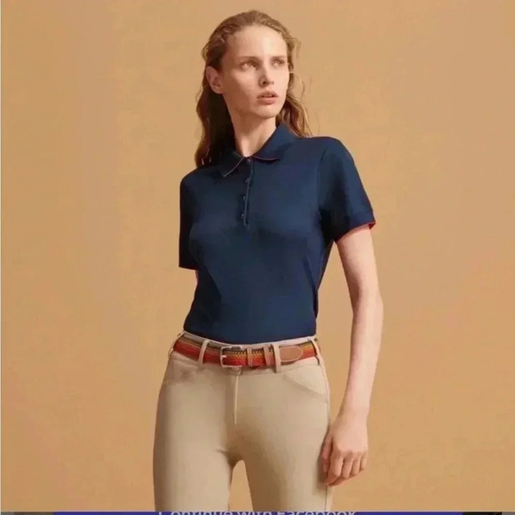 NWT Hermes Sellier Women’s Polo Short Sleeve Shirt Top Navy Blue L - Picture 5 of 15